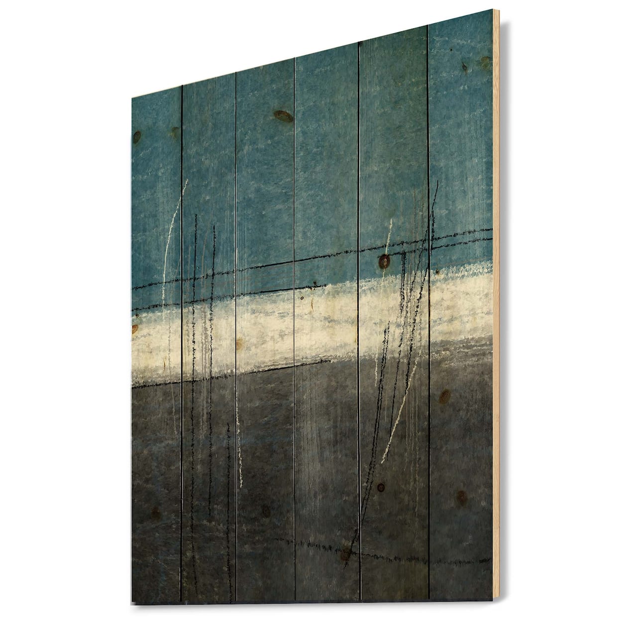 Designart - Teal Meets Grey Abstract Art - Modern Print on Natural Pine Wood